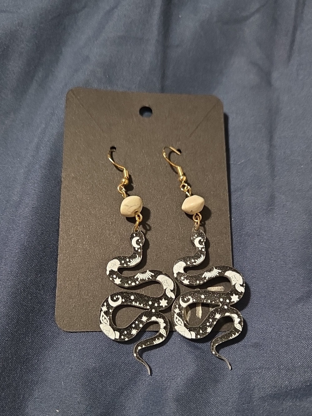 Gold Hook Black & White Celestial Snake Dangle Earrings